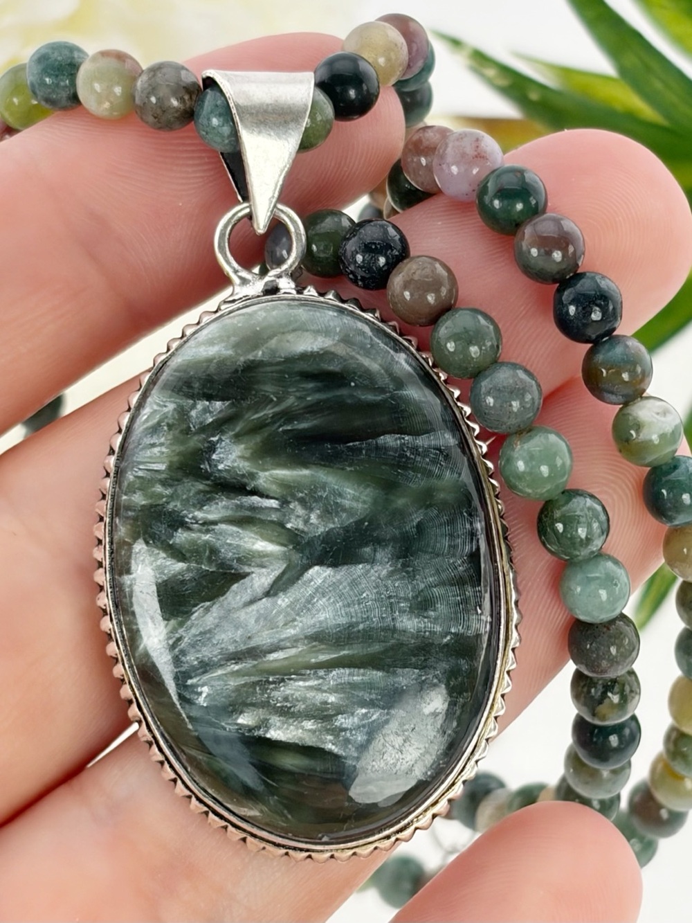 Seraphinite Pendant Agate Necklace Chunky Oval Sterling Silver 925 Overlay